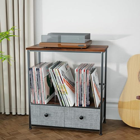 DALEMHOME Record Player Stand with Vinyl Storage, 2-Tier Record Shelf Table with Fabric Drawer, Holds Up to 110 Vinyl Records, Record Player Table for Turntable and Albums, 23.62"D × 11.81" W× 25.59"H DALEMHOME