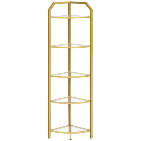 HOOBRO 5-Tier Corner Shelf Stand, Gold Corner Bookshelf, Tempered Glass Shelves, Bathroom Organizer, Corner Plant Stand, for Living Room, Study, Balcony, Home Office, Modern Style, Gold GD15CJ01 HOOBRO