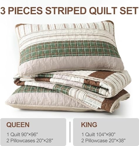 DJY Striped Quilt Set Twin Size, Boho Brown Green Striped Bedspread Coverlet Set Soft Microfiber Patchwork Quilt Bedding Set 3 Pieces for All Season(86"x68") DJY