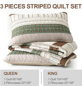 DJY Striped Quilt Set Twin Size, Boho Brown Green Striped Bedspread Coverlet Set Soft Microfiber Patchwork Quilt Bedding Set 3 Pieces for All Season(86"x68") DJY