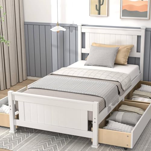 Bonnlo Twin Size Solid Wood Platform Bed Frame with 4 Storage Drawers, Single Bed with Headboard, No Box Spring Needed Panel Bed, Wood Slat Support Mattress Foundation, White Bonnlo