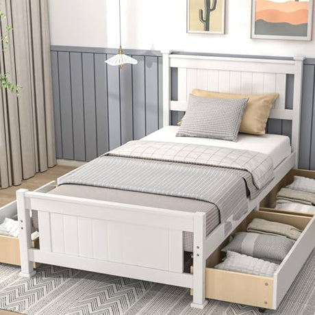 Bonnlo Twin Size Solid Wood Platform Bed Frame with 4 Storage Drawers, Single Bed with Headboard, No Box Spring Needed Panel Bed, Wood Slat Support Mattress Foundation, White Bonnlo
