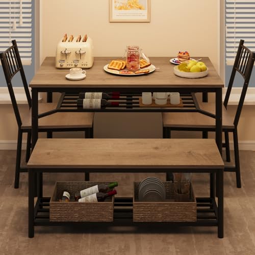 GarveeHome Dining Table Set for 4, Kitchen Table and Chairs for 4 with Wine Rack, Room Dining Table Set with Storage Benches, Rectangular Kitchen Table Set for Small Space, Apartment, Retro Gray GarveeHome
