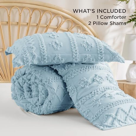 Bedsure Tufted Boho Comforter Set Full Size - Light Blue Boho Bed Set, GentleSoft™ 3 Pieces Farmhouse Shabby Chic Embroidery Bedding, Gifts for Woman, Soft Jacquard Full Comforter for All Seasons Bedsure