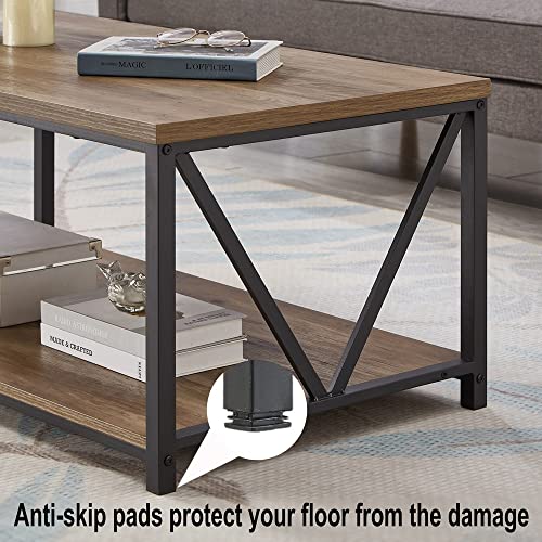 FOLUBAN Rustic Coffee Table with Storage Shelf, Vintage Wood and Metal Cocktail Table for Living Room, Oak FOLUBAN