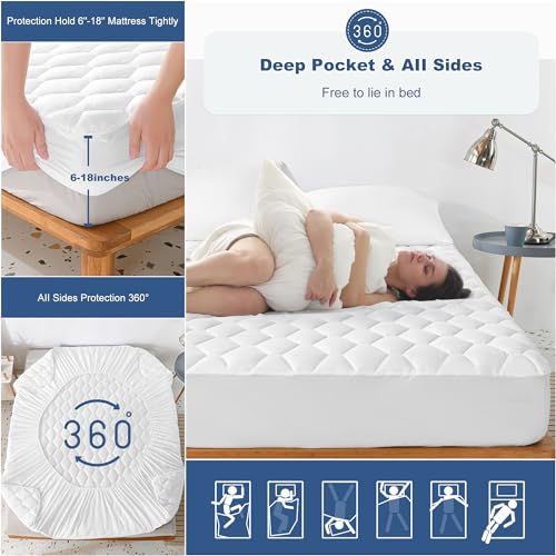 GRT Full Mattress Protector Waterproof, 100% Waterproof Quilted Fitted Mattress Pad, Noiseless Hollow Cotton Mattress Cover, fits up to 18" Deep, Dust Proof White GRT