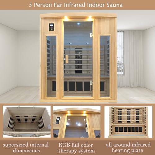 KUNSANA Ceramic Infrared Sauna 3 Person, Low EMF Infrared Saunas for Home, Hemlock Indoor Sauna Room, 2- in - 1 Heating Panels, Bluetooth Speakers, Chromotherapy Lights KUNSANA