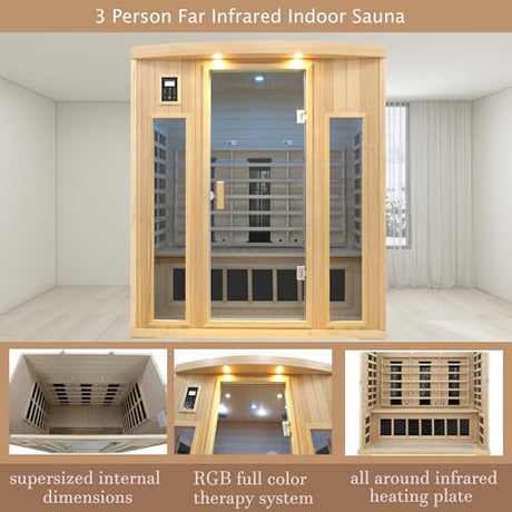 KUNSANA Ceramic Infrared Sauna 3 Person, Low EMF Infrared Saunas for Home, Hemlock Indoor Sauna Room, 2- in - 1 Heating Panels, Bluetooth Speakers, Chromotherapy Lights KUNSANA