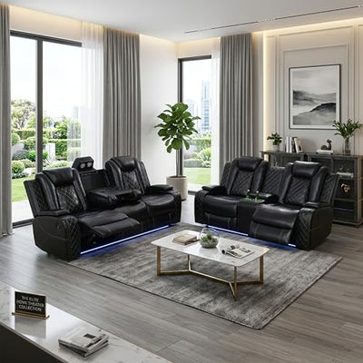 ELDANISH 2-Piece Leather Power Recliner Sofa Set for Living Room with USB Ports,LED Ambient Lighting & Storage Console,Modern Ergonomic Sectional Couch,Home Theater Seating (1Loveseat+1 Sofa,Black)