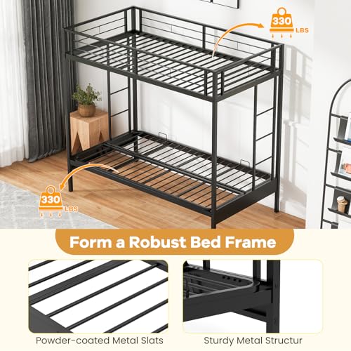 MAT EXPERT Futon Bunk Bed, Metal Bunk Bed Twin Over Twin with Futon & 10” Full Length Guardrails, Double Integrated Ladders, Convertible Loft Bed with Couch for Kids, Teens, Adults, Black MAT EXPERT