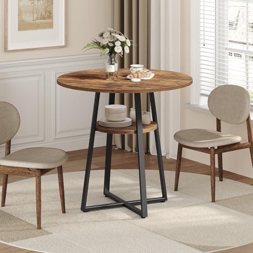 MAHANCRIS 31.5" Round Dining Table for 2-4, Farmhouse Kitchen Table with Storage Shelf, Small Circle Dining Table Space Saving, for Dining Room, Kitchen, Living Room, Rustic Brown and Black DTHR8201 MAHANCRIS