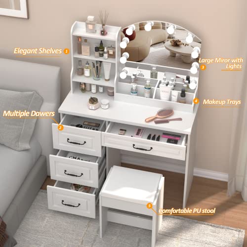 Vabches Makeup Vanity Desk with Lights and 4 Drawers, White Vanity Set Makeup Table Lots Storage, 3 Lighting Colors, Large Size 39.4in(L) Vabches