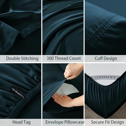 KRIMANO Full Size Sheet Set, Viscose Bamboo Sheets for Bed Set 4pcs, 100% Viscose Derived from Bamboo, Hotel Luxury Silky & Cooling for Hot Sleepers, Deep Pocket Up to 17", Navy Blue KRIMANO
