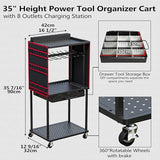 Luffioner Power Tool Organizer Cart with 8 Outlets Charging Station, Tools Storage Cart with DIY Drawer, Wheels, Power Strip, Utility Rack for Power Tools, Batteries, Wrench, Repair Tools (Red) Luffioner