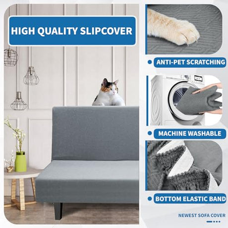 XINEAGE 2026 New Futon Cover Full Size Stretch Armless Sofa Bed Cover Anti-Slip Furniture Protector Without Armrests Futon Slipcover with Elastic Bottom (67"-82", Light Gray) XINEAGE