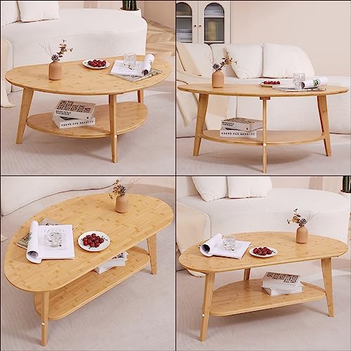 NAVREX Mid Century Modern Table with Storage Shelf, Oval Coffee Table for Living Room 41.5" Nature Bamboo Home Furniture NAVREX