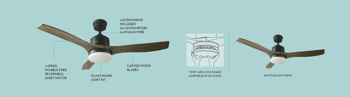 Good Housekeeping Canton (63010-MB) 52" Indoor Ceiling Fan with Carved Wood Blades, Integrated LED, and Remote Control (Matte Black) Good Housekeeping