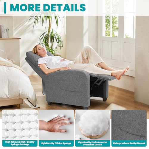 Sweetcrispy Recliner Chair Fabric Recliner Sofa No Massage, Home Theater Seating with Lumbar Support, Adjustable Push Back Overstuffed High-Density Sponge Reclining for Living Room, Grey