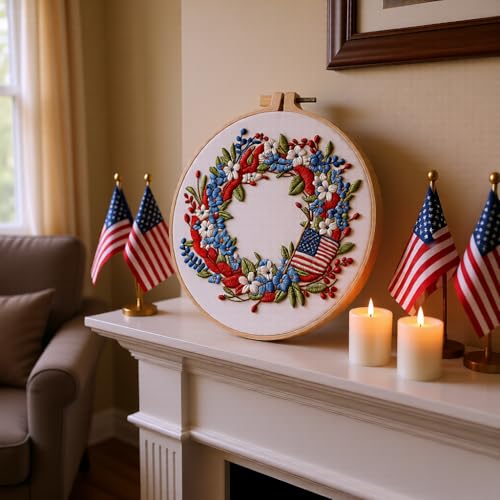 JJFox Embroidery Kit for Beginners & Adults, DIY Hand Embroidery Starter Kit with Cute Pattern, Cross Stitch Kit with Bamboo Hoop, Threads, Needles & Instructions (Independence Day Wreath)