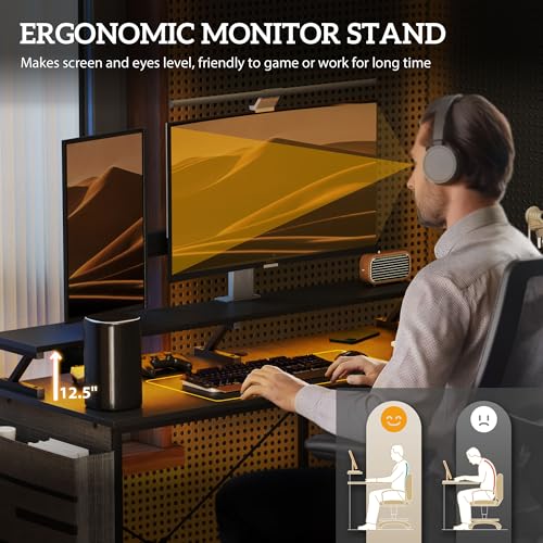HOMCOM 58" L Shaped Gaming Desk with Power Outlets and LED Lights, Reversible Computer Desk with Monitor Stand, Fabric Storage Bag, Cable Management, for Home Office, Black HOMCOM