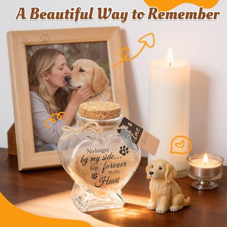 BluBrk Pet Fur Keepsake Jar-Pet Memorial Gift for Loss of Dog or Cat, Heart-Shaped Glass Pet Hair Keepsake Bottle, Dog Fur Keepsake & Cat Fur Keepsake, Printed Quote Forever in My Heart” BluBrk