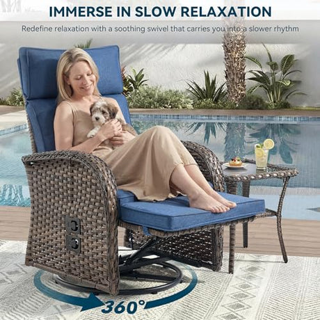 Jelwaly Zero Gravity Patio Swivel Recliner Chairs Set of 2 - Wicker Outdoor Lounge Chair with Adjustable Backrest & Footrest, All Weather Reclining Rocker Chairs with Thick Cushion for Pool Deck Blue Jelwaly