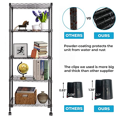 JS HANGER Wire Shelving Unit, 5-Tier Heavy Duty Height Adjustable Rolling Metal Shelves for Storage, 550 lbs Capacity, 23.23''W X 13.4''D X 71''H, Black JS HANGER