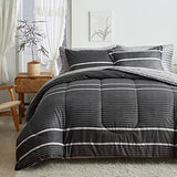 Flysheep 3 Pcs Boho Striped Comforter Set Twin Size for Kids, White Striped on Black Dark Grey Soft Microfiber Reversible Bedding Set for All Season Flysheep
