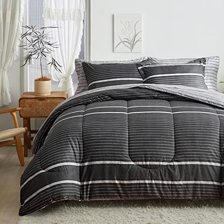 Flysheep 3 Pcs Boho Striped Comforter Set Twin Size for Kids, White Striped on Black Dark Grey Soft Microfiber Reversible Bedding Set for All Season Flysheep