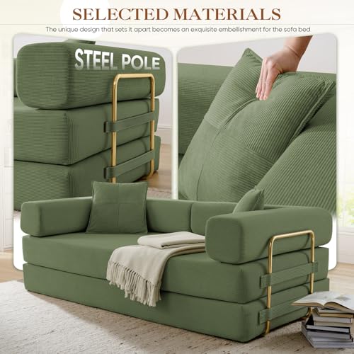 Antetek 78" Convertible Futon Sofa Bed, 3-Seater Modern Corduroy Foam Floor King Size Bed Foldable Sleeper Lounge Loveseat Sofa Couch with 2 Throw Pillows for Living Room Bedroom Guest Room, Green Antetek