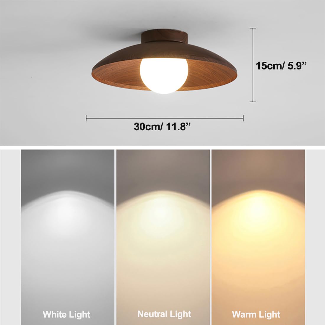Jowjut Flush Mount Ceiling Light Fixture, Wooden Close to Ceiling Lights, 11.8-inch, Classic Walnut Finish, White Glass Shade, Vintage Light Fixtures for Hallway Living Room Jowjut
