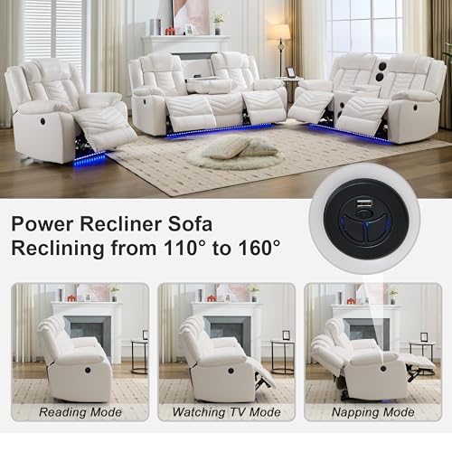 Power Recliner Sofa Set 5-Seater with Zero Gravity,Bass Speaker,Wireless Charger,USB/Type-C Ports,LED Lights,Cup Holders,Faux Leather Electric Reclining Loveseat Couch Recliner Sets,2 Piece,White