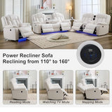 Power Recliner Sofa Set 5-Seater with Zero Gravity,Bass Speaker,Wireless Charger,USB/Type-C Ports,LED Lights,Cup Holders,Faux Leather Electric Reclining Loveseat Couch Recliner Sets,2 Piece,White