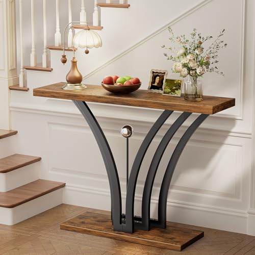MJOMKN 42.5 Inch Entryway Table, Industrial Console Tables Behind The Couch Sofa, Narrow Wood Accent Table for Entrance, Hallway, Living Room, Foyer, V-Shaped Metal Frame, Rustic Brown MJOMKN