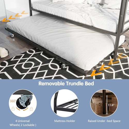 SUNLEI Metal Bunk Beds with Double Secured Ladders, Twin Bunk Bed with Surrounded Safety Guardrails, Space Saver Twin Beds, Noise Free for Small Bedroom, with Trundle Function, Black SUNLEI