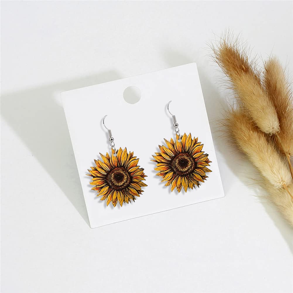Unique Simple Handmade Wooden Sunflower Daisy Flower Dangle Drop Earrings Bohemian Colour Sunflower Earrings for Women Elegant Summer Boho Jewelry (Yellow Sunflowers Earrings) DIYANMMY