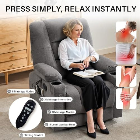Recliner Chair with Massage and Heat,Chenille Recliner Sofa Chairs for Adults,Wall Hugger Recliners for Living Room, Reclining Armchairs with Cupholders, Dark Gray BAMCANFUR
