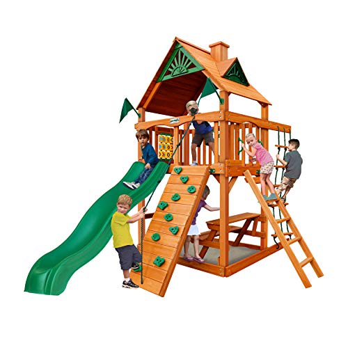 Gorilla Playsets 01-0061-AP Chateau Tower Wooden Play Tower with Wood Roof, Slide, and Climbing Wall, Brown - WoodArtSupply