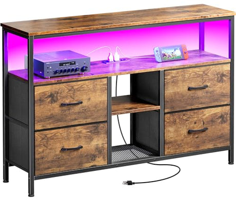 Huuger TV Stand Dresser with Power Outlets and LED Lights, 4 Drawers Entertainment Center with Open Shelf, Media Console for 50 43 Inch TV, Dresser, Rustic Brown Huuger