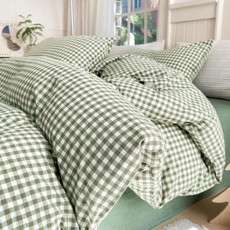 LifeTB Queen Comforter Set Green Gingham Comforter Modern Style Checkered Pattern Comforter Set Boho Grid Plaid Bedding Comforter Lightweight Fluffy Soft Grid Bedding Set Queen Size Breathable LifeTB
