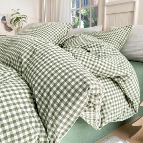 LifeTB Green Gingham Comforter Set King Modern Style Plaid Comforter Set 3 Pieces Boho Grid Comforter with 2 Pillowcases Soft Fluffy Checkered Pattern Comforter Farmhouse Gingham Bedding Set King LifeTB