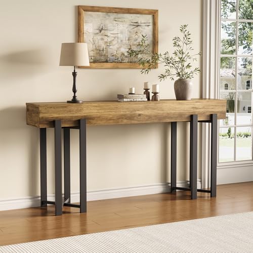 LITTLE TREE 63-Inch Console Table for Entryway, Industrial Behind Couch Table, Minimalist Sofa Table for Living Room, Rustic Brown Wooden Hallway Foyer Table with Black Metal Frame LITTLE TREE