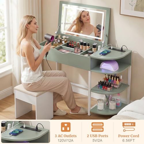 Cyclysio Vanity Desk with Flip Top Mirror and Lights, Makeup Vanity Desk with Drawers, Dressing Table with Storage Shelves & Charging Station, Small Vanity for Small Spaces, Green Cyclysio