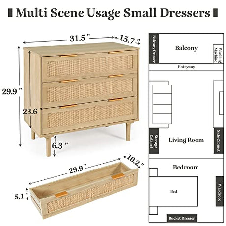 HOPUBUY 3 Drawer Dresser for Bedroom, Rattan Dresser Modern Closet Dressers Chest of Drawers, Wood Oak 3 Drawer Storage Chest for Bedroom, Hallway, Living Room HOPUBUY