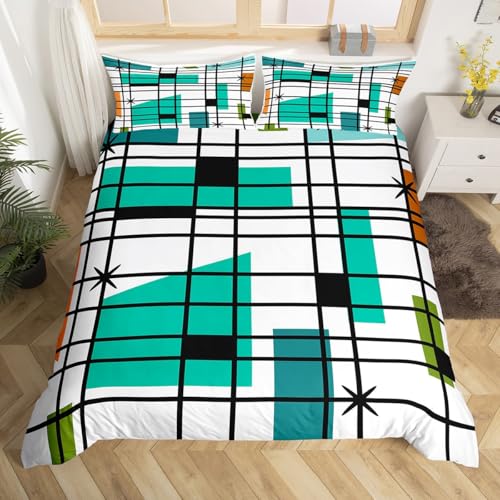 Retro Atomic Comforter Cover White Turqoise Black Bed Set, Geometric Lines Stripes Duvet Cover Queen Size Mid Century Minimalist Bedding Sets, Fifties Old Fashion Bedspread Cover Microfiber 3pcs Erosebridal