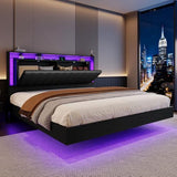 Belffin Floating Bed Frame Queen Size with LED Lights & Charging Station, Wooden Headboard with Hidden Storage and Faux Leather Backrest, Easy Cleaning, No Box Spring Needed, Noise-Free, Black Belffin