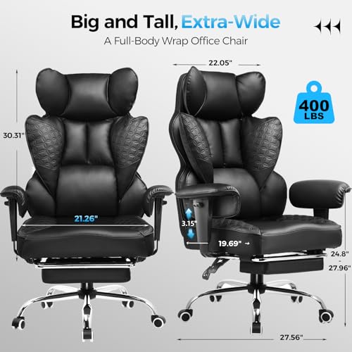 GTRACING Big and Tall Gaming Chair 400lbs Heavy Duty Office Chair with Foot Rest & Ergonomic Pocket Spring Lumbar Support, High Back 3D Saddle Shaped Cushion for Back Pain Relief, Matte-Black GTRACING