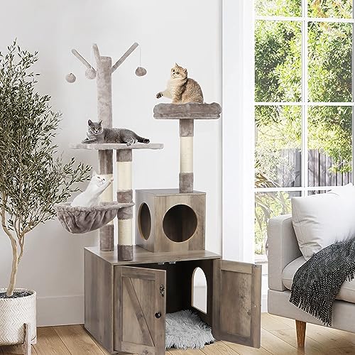 Timberer Litter Box Enclosure with Cat Tree, Wooden Cat House with Cat Tree Tower, Hidden Cat Litter Box Furniture with Scratching Post, Modern Cat Condo, Grey Timberer