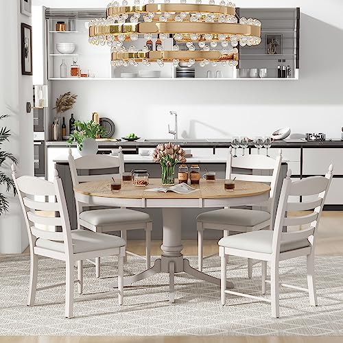 LUMISOL Extendable Round Dining Table Set for 4-6 People, Farmhouse Dining Room Kitchen Table Set with 4 Upholstered Chairs, 5-Piece Solid Wood Kitchen Table Set, Off White LUMISOL