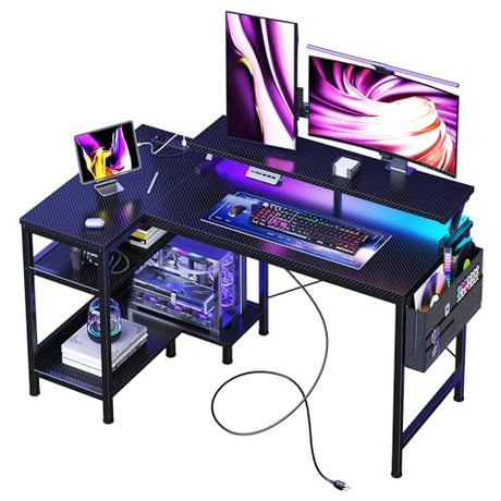 DUMOS Gaming Desk, Computer Desk with USB Charging Ports, Power Outlets, Type-C and LED Lights, Reversible L Shaped Desk with Storage Shelves & Monitor Stand for Office, Gaming Room Black 40IN DUMOS